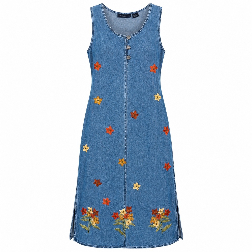 Vintage Cottagecore Embroidered Denim Maxi Overall Jumper Dress Size Medium